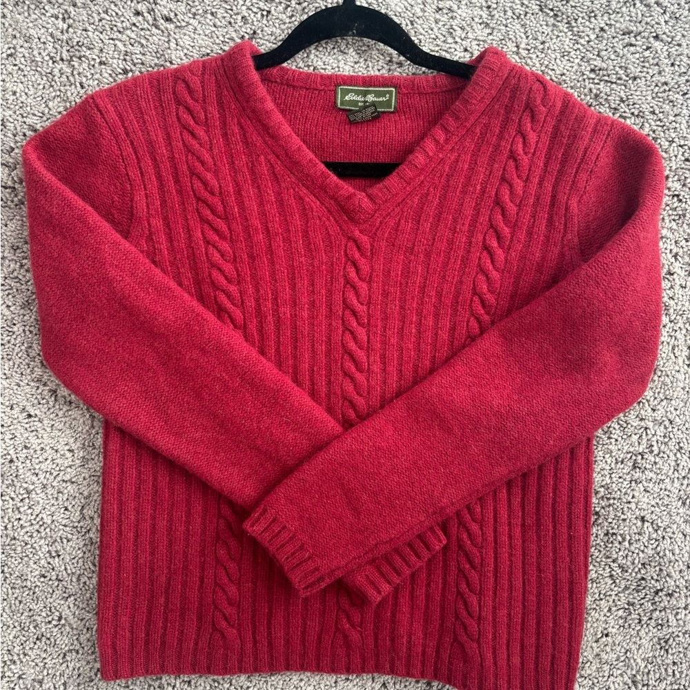 Eddie Bauer Classic Red Cable Knit Wool Sweater